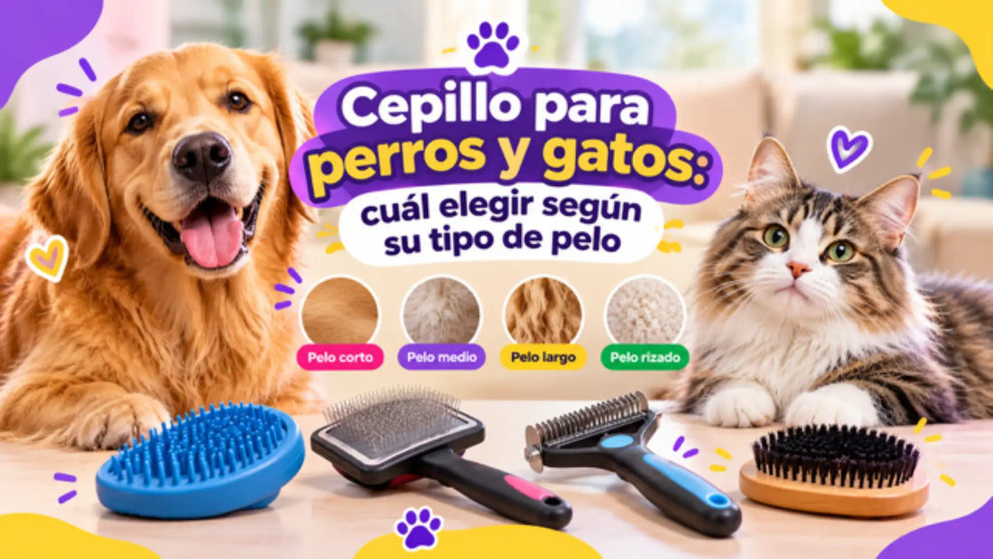 Guía para elegir el mejor cepillo para perros y gatos según su tipo de pelo, con ejemplos de cepillos para pelo corto, medio, largo y rizado.
