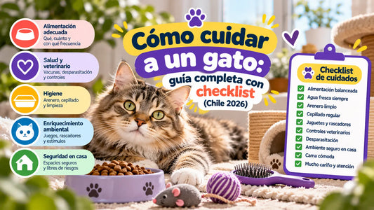 Gato atigrado junto a su alimento, juguetes y accesorios de higiene, con una guía completa y checklist de cuidados para gatos en Chile 2026.