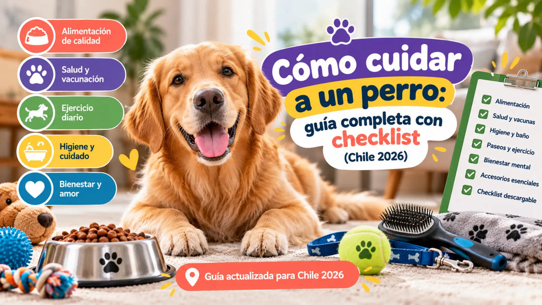 Golden Retriever junto a accesorios para mascotas y checklist de cuidados esenciales. Guía completa sobre cómo cuidar a un perro en Chile 2026, incluyendo alimentación, salud, higiene, ejercicio y bienestar.