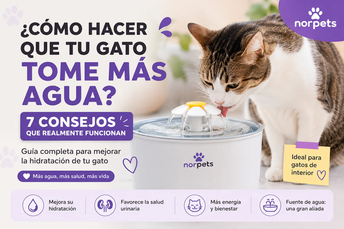 Cómo hacer que tu gato tome más agua con una fuente de agua para gatos. Imagen sobre hidratación en gatos y consejos para estimular el consumo de agua.