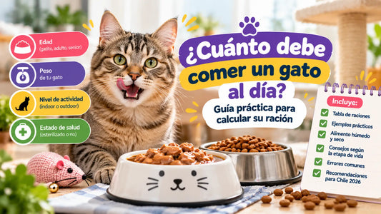 Gato atigrado frente a platos de alimento seco y húmedo. Guía práctica para calcular cuánto debe comer un gato al día según su peso, edad, actividad y esterilización.