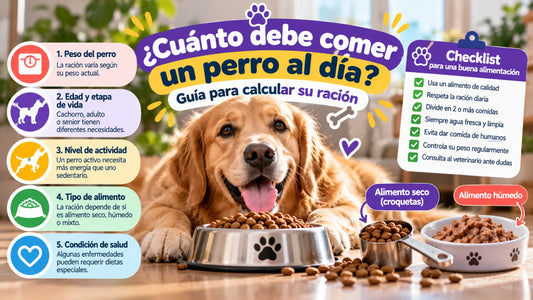 Golden Retriever frente a platos de alimento seco y húmedo, con una guía para calcular cuánto debe comer un perro al día según su peso, edad, actividad física y estado de salud.