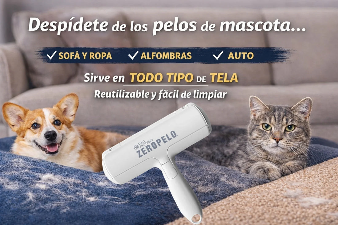 Herramienta ZeroPelo para eliminar pelos de perros y gatos en sofá, ropa, alfombras y auto, ideal para hogares con mascotas en Chile.