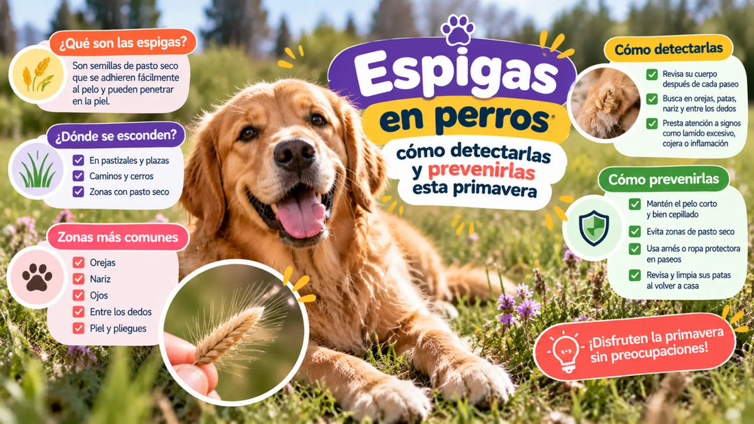 Golden Retriever descansando en un campo primaveral, con una espiga de pasto seco y consejos para detectar y prevenir espigas en perros, especialmente en orejas, patas, nariz y entre los dedos.