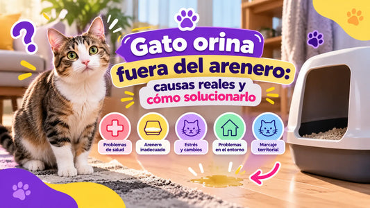 Gato junto a su arenero con ilustraciones de las principales causas por las que orina fuera de él: problemas de salud, estrés, marcaje territorial y arenero inadecuado.