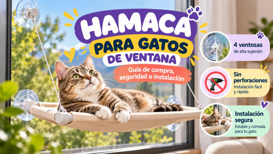 Gato atigrado descansando en una hamaca de ventana beige con ventosas. Guía de compra, seguridad e instalación de camas colgantes para gatos.
