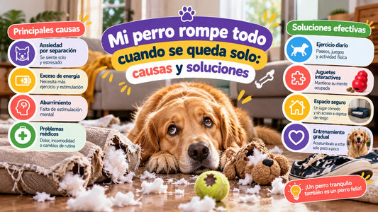 Golden Retriever acostado junto a cojines y juguetes mordidos, con información sobre las causas de la conducta destructiva en perros cuando se quedan solos y sus posibles soluciones.