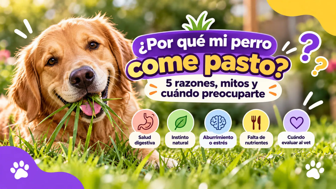 Un perro golden retriever comiendo pasto en el jardín, ilustrando las razones por las que los perros comen hierba, los mitos y cuándo consultar al veterinario.