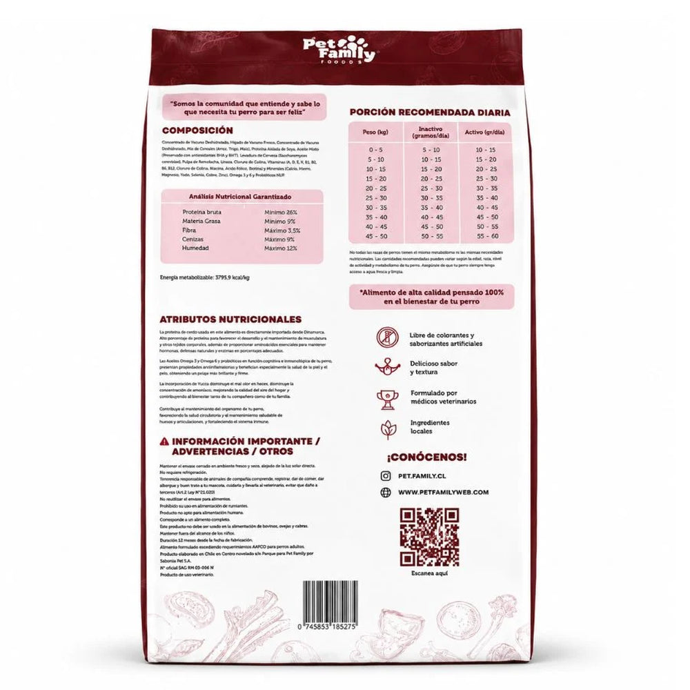 Reverso alimento Pet Family Cerdo Nórdico 15 kg con composición nutricional y porción diaria recomendada