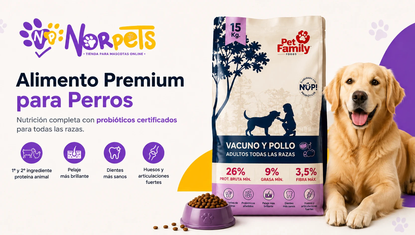 Alimento Premium para Perros Pet Family 15 kg Vacuno y Pollo con probióticos | Norpets
