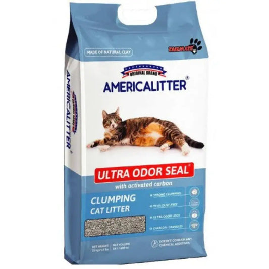 Arena Sanitaria AmericaLitter Ultra Odor Seal 15 kg – Control Total de Olores disponible en Norpets-tienda.cl