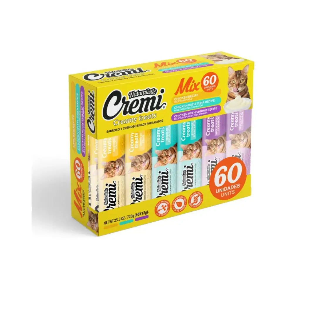 Snack Cremoso para Gatos Naturalistic Cremi Box de 60 Unidades con Pollo, Atún o Camarón