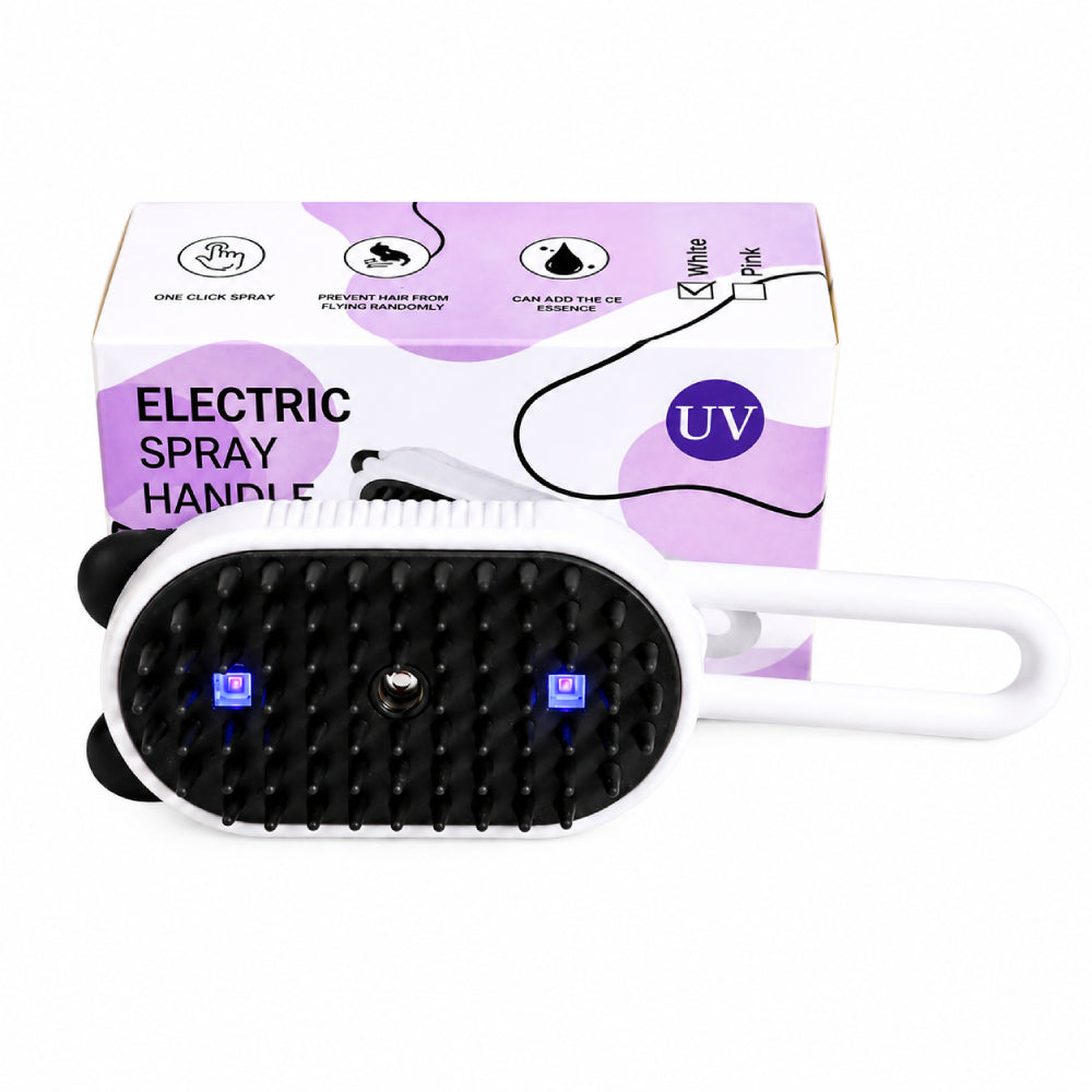 Caja del cepillo a vapor para mascotas con el sello UV, los íconos de función y el producto apoyado al frente