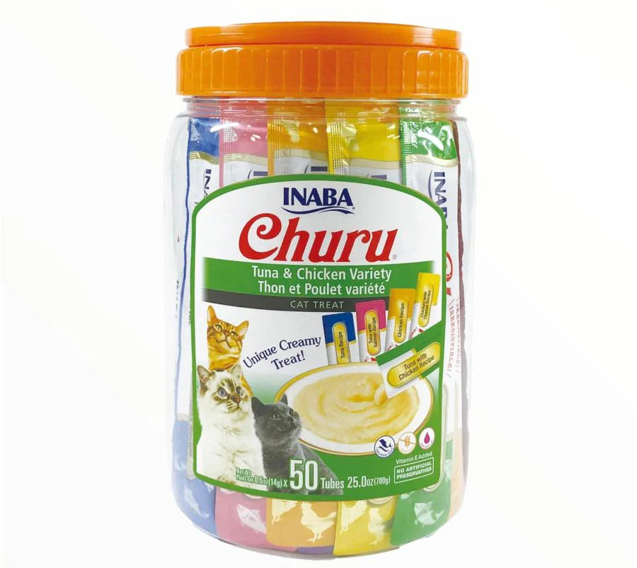 Churu frasco 50 tubos variedades pollo y atún para gatos Inaba snacks cremosos premium en Chile