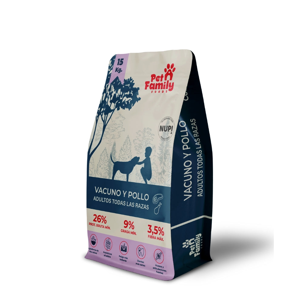 Pet Family Vacuno y Pollo 15kg alimento premium chileno para perros adultos de todas las razas