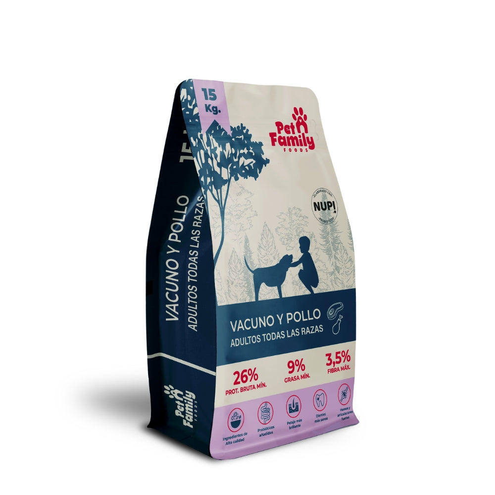 Pet Family Vacuno y Pollo 15kg alimento premium chileno para perros adultos de todas las razas