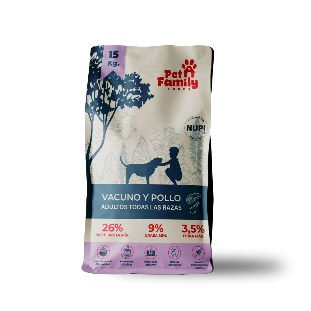 Pet Family Vacuno y Pollo 15kg alimento premium chileno para perros adultos de todas las razas