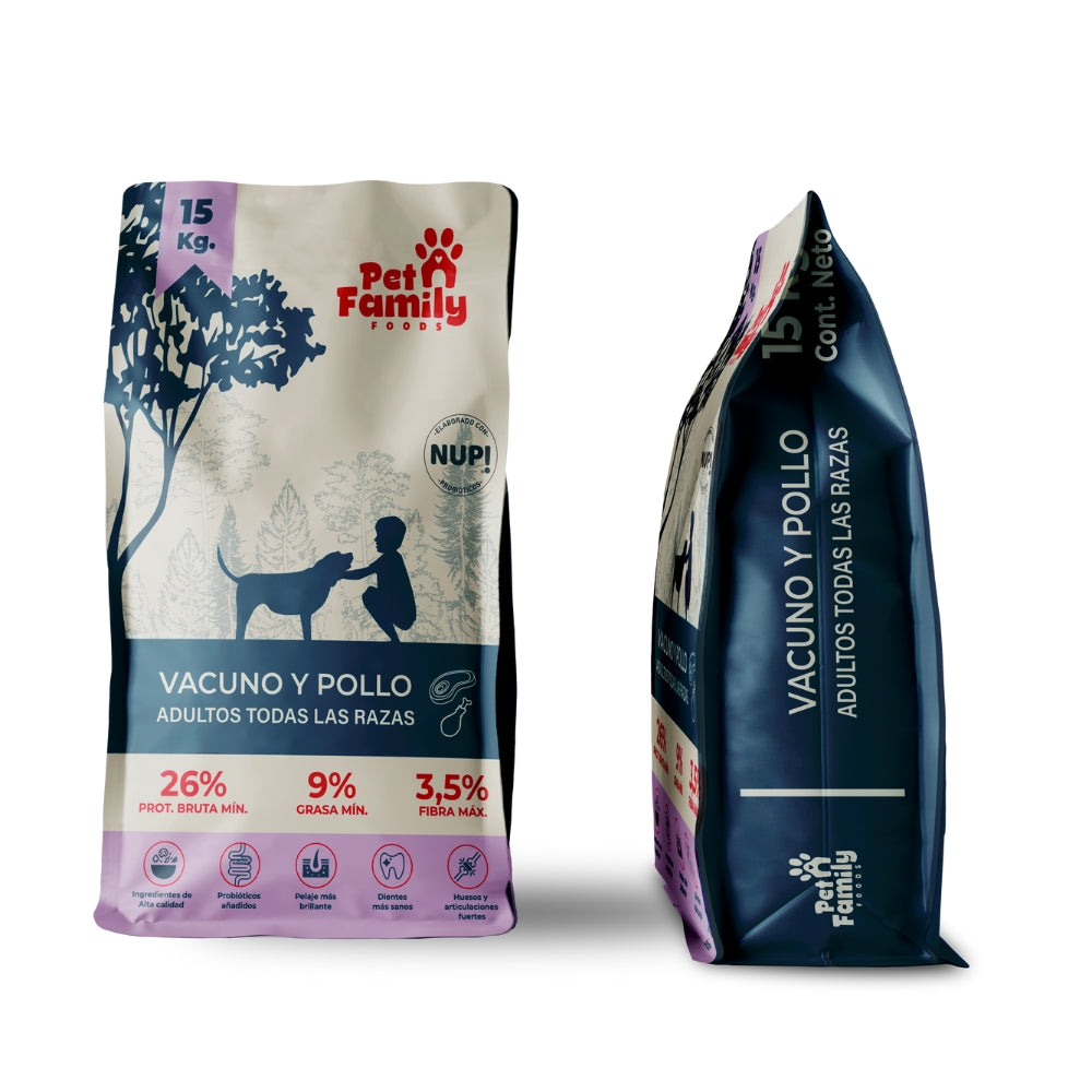 Pet Family Vacuno y Pollo 15kg alimento premium chileno para perros adultos de todas las razas