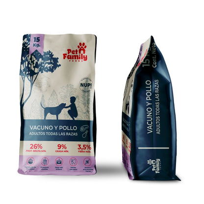 PetFamily alimento para perros adultos sabor vacuno y pollo 15 kg