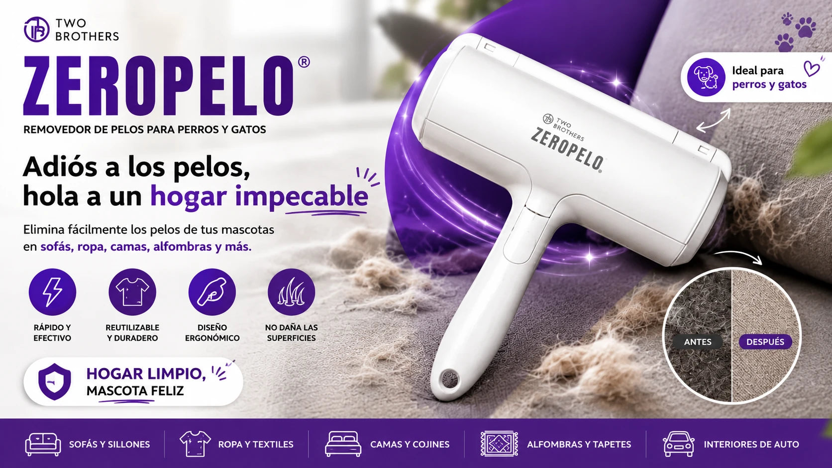 ZeroPelo removedor de pelos para perros y gatos en ropa, sofás, autos y alfombras | Norpets