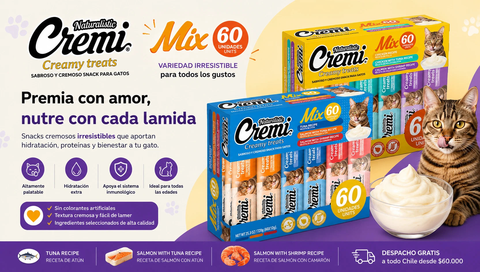 Snacks cremosos para gatos Cremi Mix Box 60 tubos sabores pollo, atún y salmón | Norpets