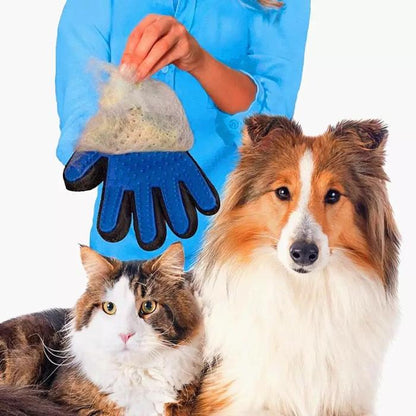 Guante quita pelos de silicona para perros y gatos, vista del producto en color azul